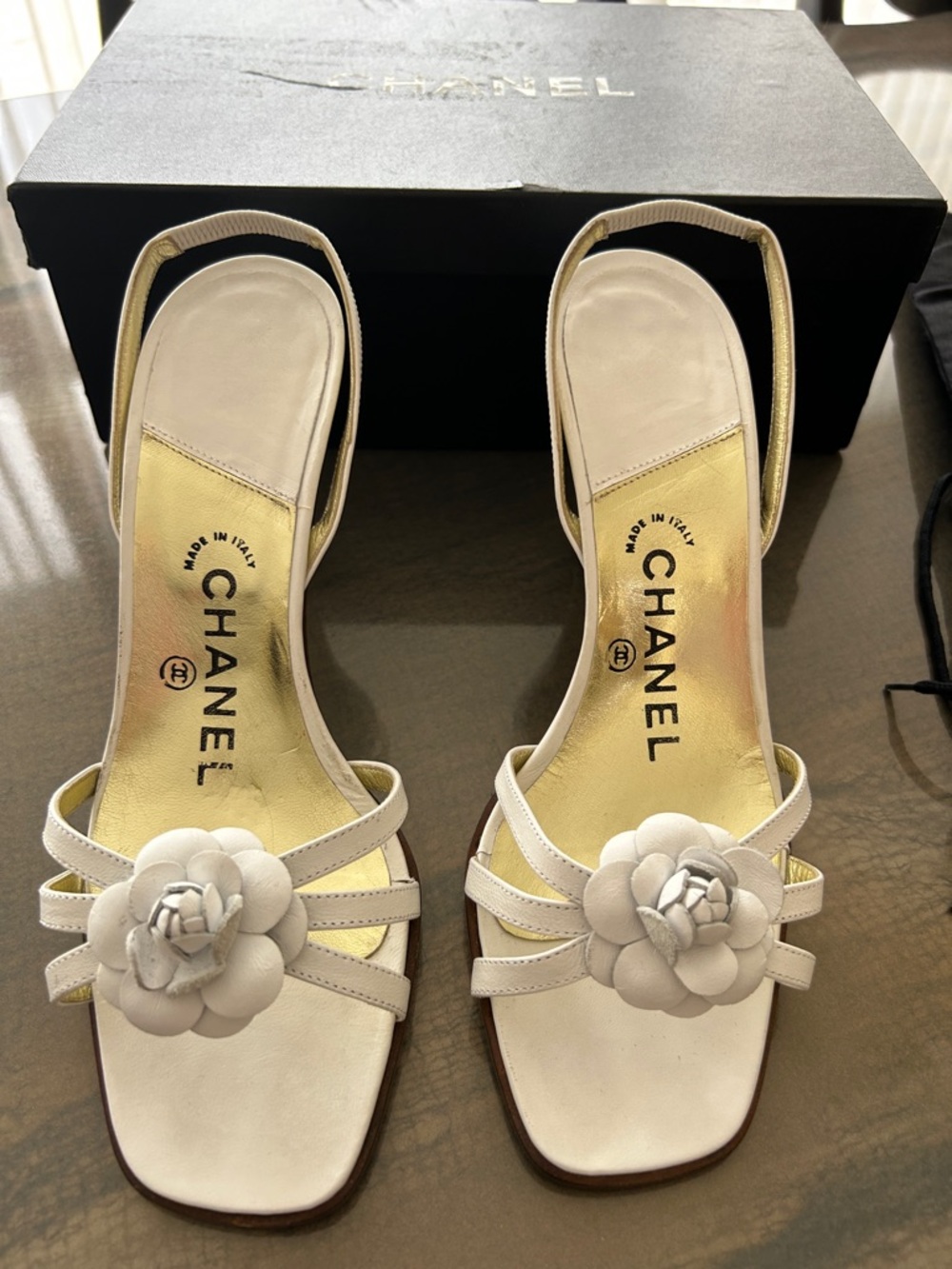 CHANEL White Camellia Strappy Slingback Sandals